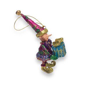 Vtg Elf Holding Gift Box Glittered Christmas Ornament Hand painted Discontinued